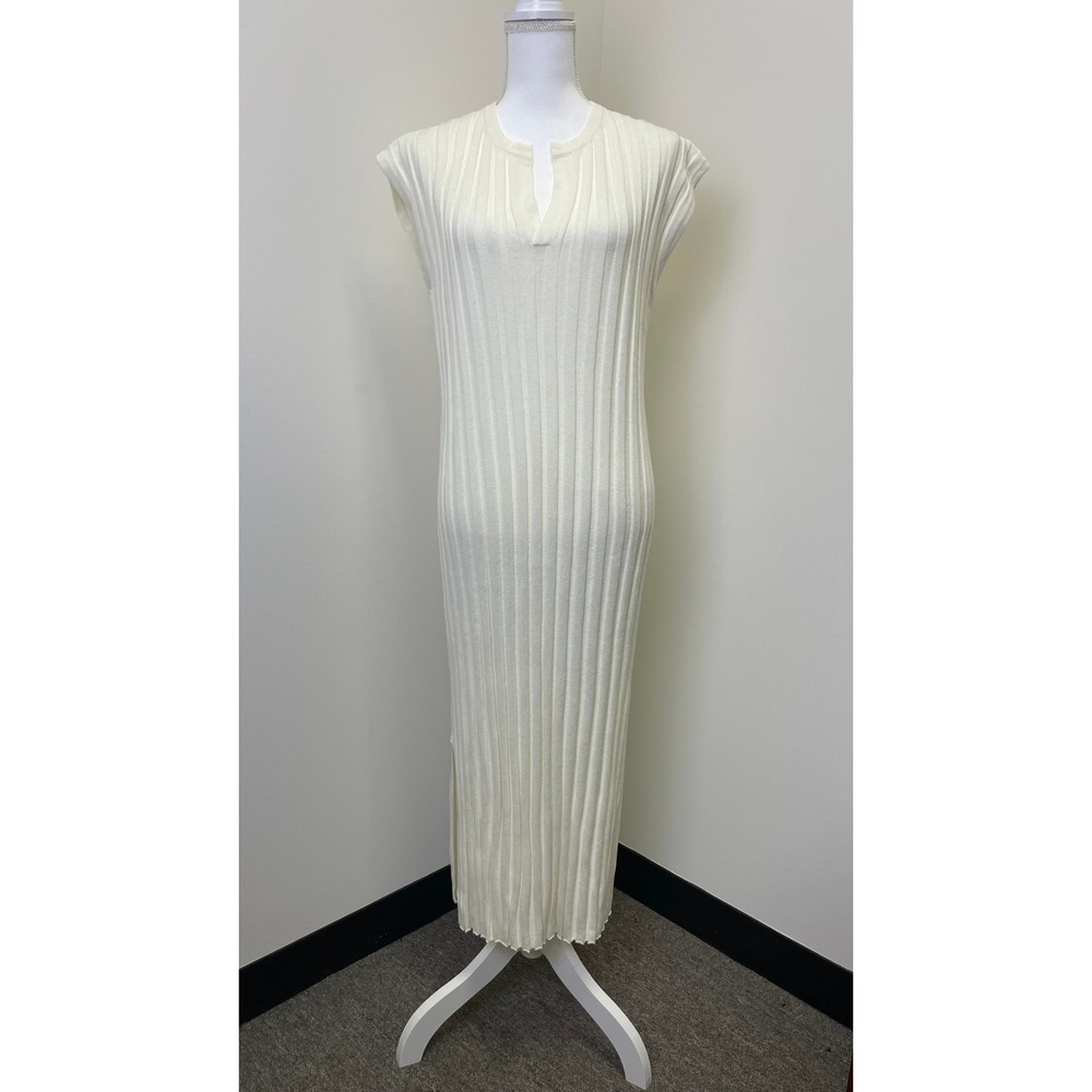 NWT Rails Ashley Cream Ribbed Knit Midi Dress L Sleeveless Split Neck Minimalist - Picture 2 of 16